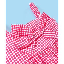 Babyhug 100% Cotton Woven Singlet Sleeves Checks Frock with Bow Applique & Headband - Pink