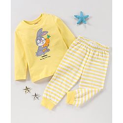 Babyhug Cotton Knit Full Sleeves Night Suit Stripes & Bunny Print - Yellow