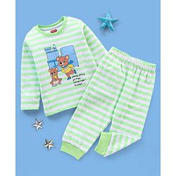Babyhug Cotton Knit Full Sleeves Night Suit Striped & Teddy Print - Green