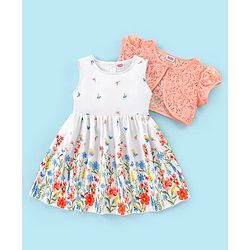 Babyhug 100% Cotton Sleeveless Floral Print Frock with Lace Shrug - White & peach