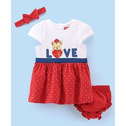 Babyhug 100% Cotton Knit Cap Sleeves Frock With Bloomer & Headband Text & Dot Print- White & Red