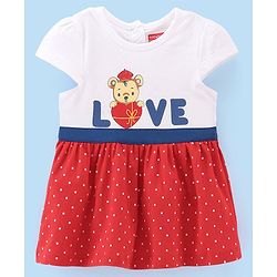Babyhug 100% Cotton Knit Cap Sleeves Frock With Bloomer & Headband Text & Dot Print- White & Red