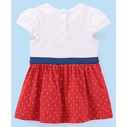 Babyhug 100% Cotton Knit Cap Sleeves Frock With Bloomer & Headband Text & Dot Print- White & Red