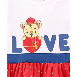 Babyhug 100% Cotton Knit Cap Sleeves Frock With Bloomer & Headband Text & Dot Print- White & Red