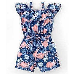 Babyhug 100% Cotton Sleeveless Jumpsuit Leaf Print- Navy Blue