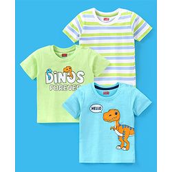 Babyhug Cotton Half Sleeves T-Shirt Dino & Stripes Print Pack of 3 -Blue & Green