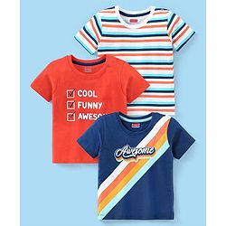 Babyhug Cotton Half Sleeves T-Shirt Text & Stripes Print Pack of 3 -Blue & Red