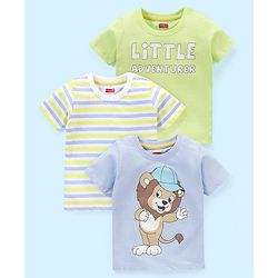 Babyhug Cotton Knit Half Sleeves Striped T-Shirt Lion Print Pack of 3 - Green & Purple