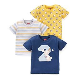 Babyhug Cotton Knit Half Sleeves T-Shirts Stripes & Baseball Print Pack of 3 - Blue White & Yellow