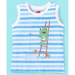 Babyhug Cotton Sleeveless T-Shirt Stripes and Frog Print - Blue & White