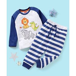 Babyhug Cotton Knit Full Sleeves Night Suit Wild Animal Print - Blue