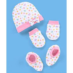 Babyhug 100% Cotton Butterfly Printed Cap Mittens & Booties Pink -  Diameter 10 cm