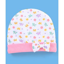 Babyhug 100% Cotton Butterfly Printed Cap Mittens & Booties Pink -  Diameter 10 cm
