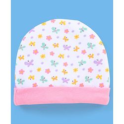 Babyhug 100% Cotton Butterfly Printed Cap Mittens & Booties Pink -  Diameter 10 cm