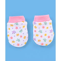 Babyhug 100% Cotton Butterfly Printed Cap Mittens & Booties Pink -  Diameter 10 cm