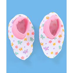 Babyhug 100% Cotton Butterfly Printed Cap Mittens & Booties Pink -  Diameter 10 cm