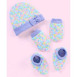 Babyhug 100% Cotton Abstract Printed Cap Mittens & Booties Purple - Diameter 10 cm