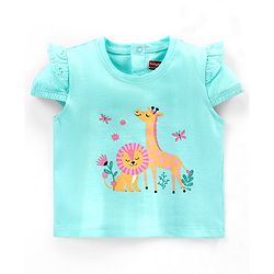 Babyhug Cotton Half Sleeves T-Shirt With Graphics & Frill Detailing - Aqua Blue