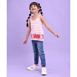 Babyhug 100% Cotton Sleeveless Tee Striped With Apple Print - Pink