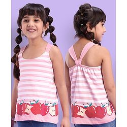 Babyhug 100% Cotton Sleeveless Tee Striped With Apple Print - Pink