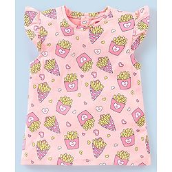 Babyhug 100% Cotton Knit Short Sleeves Fries Print with Frill Detailing Tee - Peach