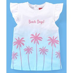 Babyhug Cotton Knit Frill Sleeves Ombre Effect Top Beach Print - Blue & White