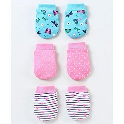 Babyhug 100% Cotton Mittens Butterfly Print Pack of 3 - Pink & Blue