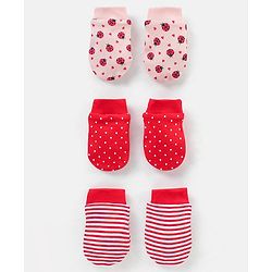 Babyhug 100% Cotton Lady Bug Print Mittens Pack of 3 - Multicolor