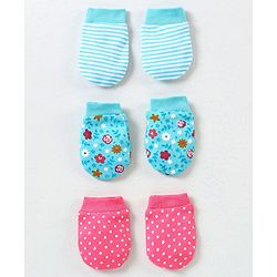 Babyhug 100% Cotton Mittens Floral Print Pack of 3 - Pink & Blue
