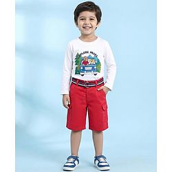 Babyhug Cotton Knee Length Jamaican with Belt Solid Color - Red