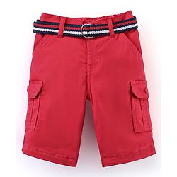 Babyhug Cotton Knee Length Jamaican with Belt Solid Color - Red