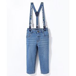 Babyhug Cotton Full Length Stretchable Denim Jeans with Fly Open Zipper with Suspenders Solid Colour   Fly With Zipper -  Blue