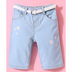 Babyhug Cotton Washed Denim Capri With Belt Floral Embroidery- Light Blue
