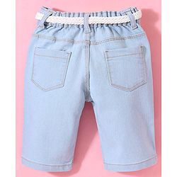 Babyhug Cotton Washed Denim Capri With Belt Floral Embroidery- Light Blue
