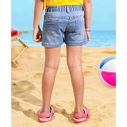 Babyhug Cotton Stretched Mid Thigh Length Washed Shorts Crochet Flower - Blue