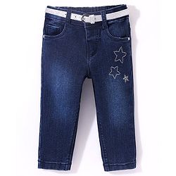 Babyhug Cotton Washed Denim Full Length Jeans With Belt Star Embroidery- Dark Blue