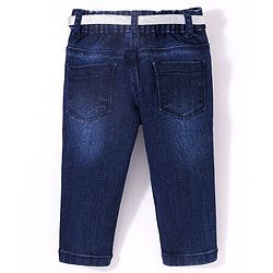 Babyhug Cotton Washed Denim Full Length Jeans With Belt Star Embroidery- Dark Blue