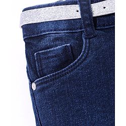 Babyhug Cotton Washed Denim Full Length Jeans With Belt Star Embroidery- Dark Blue