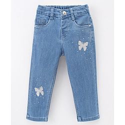 Babyhug Cotton Stretchable Washed Full Length Butterfly Print Jeans - Blue