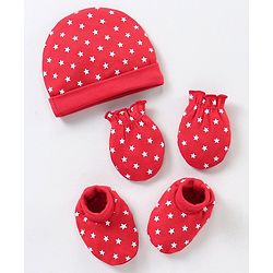 Babyhug 100% Cotton Cap Mittens & Booties Star Print Red - Cap Diameter 9.5 cm