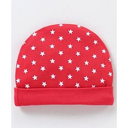 Babyhug 100% Cotton Cap Mittens & Booties Star Print Red - Cap Diameter 9.5 cm