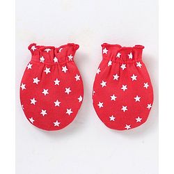 Babyhug 100% Cotton Cap Mittens & Booties Star Print Red - Cap Diameter 9.5 cm