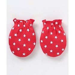 Babyhug 100% Cotton Cap Mittens & Booties Star Print Red - Cap Diameter 9.5 cm
