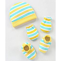 Babyhug 100% Cotton Knit Striped Cap Mittens & Booties Set Blue & Yellow - Diameter - 10.5 cm