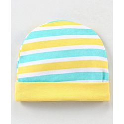 Babyhug 100% Cotton Knit Striped Cap Mittens & Booties Set Blue & Yellow - Diameter - 10.5 cm