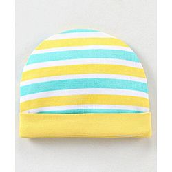 Babyhug 100% Cotton Knit Striped Cap Mittens & Booties Set Blue & Yellow - Diameter - 10.5 cm