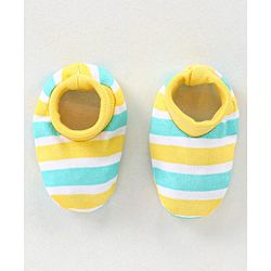 Babyhug 100% Cotton Knit Striped Cap Mittens & Booties Set Blue & Yellow - Diameter - 10.5 cm