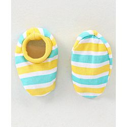 Babyhug 100% Cotton Knit Striped Cap Mittens & Booties Set Blue & Yellow - Diameter - 10.5 cm