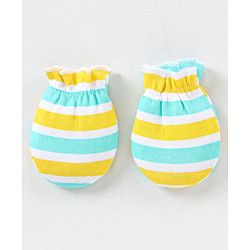 Babyhug 100% Cotton Knit Striped Cap Mittens & Booties Set Blue & Yellow - Diameter - 10.5 cm