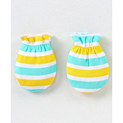 Babyhug 100% Cotton Knit Striped Cap Mittens & Booties Set Blue & Yellow - Diameter - 10.5 cm